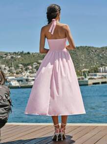 Enchnt Váy midi hở lưng màu hồng lãng mạn dành cho nữ mùa xuân/hè, cài nút trước ngực, hở lưng, dây đeo cổ, thích hợp cho kỳ nghỉ, ngọt ngào và thanh lịch cho kỳ nghỉ, hẹn hò, ngày lễ, tiệc tùng, lễ tốt nghiệp và khách dự tiệc cưới, bãi biển và váy chống nắng, váy dạ hội, váy mùa hè cho nữ, quần áo mùa hè, váy thanh lịch cho tiệc tùng - Hồng - Xem 7