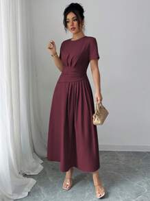 SHEIN Elenzya 女士纯色休闲、商务、下午茶、派对圆领腰部 A 字短袖迷你连衣裙，春夏 - 紫紅色 - 查看 3