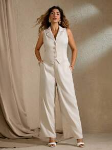 Flirla Plus Size Women's Spring/Summer French Elegant Minimalist Office/Commute/Vacation Casual Outfit: Collared Fitted Waist Open-Front Decorated Shirt + Elastic Waist Wide Leg Pants Set