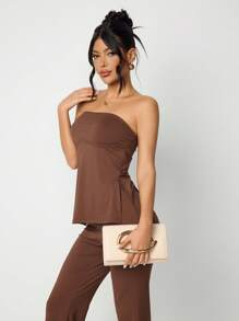 SHEIN SXY Damen, Frauen Gold Metall Clutch Tasche, Umhängetaschen, modisch, elegant, schlicht, personalisiert, vielseitig, klassisch, geprägtes Kunstleder, große Hardware Schnalle Dekoration, für Pendeln, Büro, Date, Alltag, Einkaufen, Nachmittagstee - Beige - Übersicht 6