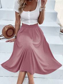 Breezaya 女士纯色松紧腰口袋休闲宽松半身裙 - 粉色 - 查看 3