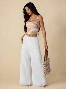 SHEIN PETITE Women's Casual Elegant Bohemian Holiday Beach White Patterned Textured Jacquard Loose Flared Pants, Summer, Boho