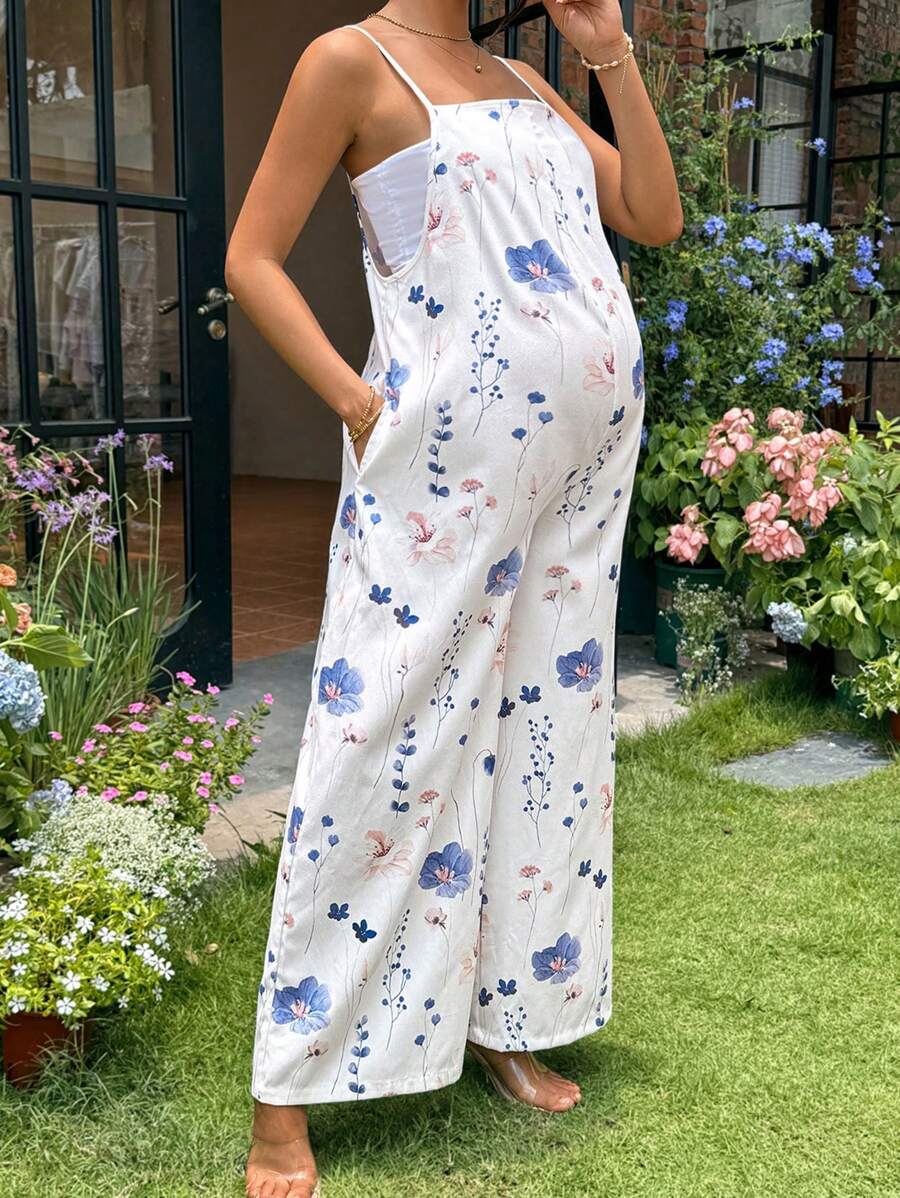 SHEIN 孕妇连体裤 度假装 花卉 - 白色 - 查看 1