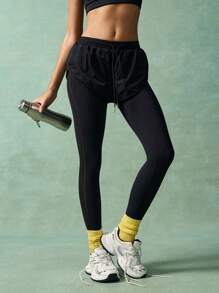 VARSIVA Versatile Black 2-In-1 Active Bottoms For Women Long Knitted Leggings Featuring Tummy Control, D Outer Drawstring Shorts With Mesh Details Perfect For Gym Workouts And Yoga.