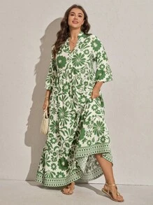 Comfylo Abito da spiaggia con stampa floreale, maniche a balze e volant per donne taglie forti