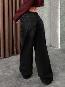 EURMUSE Jeans grises de cintura baja y pierna ancha estilo Y2K - Gris Oscuro - Ver 2