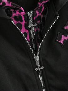 ROMWE Goth Cross & Leopard Print Splicing Effect Hoodie Graduation,Back To School Outfits,Graduation,Teacher Outfits For Women,Back To School - Pink - View 2