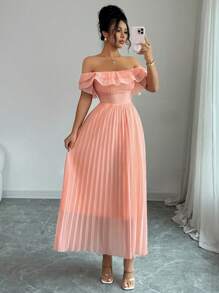 Selianne 女士春夏优雅法式浪漫荷叶边方领收腰A字裙，适合茶会穿着 - 珊瑚橙 - 查看 7