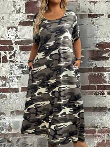 EMERY ROSE Robe décontracté à manches courtes à encolure ronde avec poche, imprimé camouflage, grande taille, pour femmes, en été