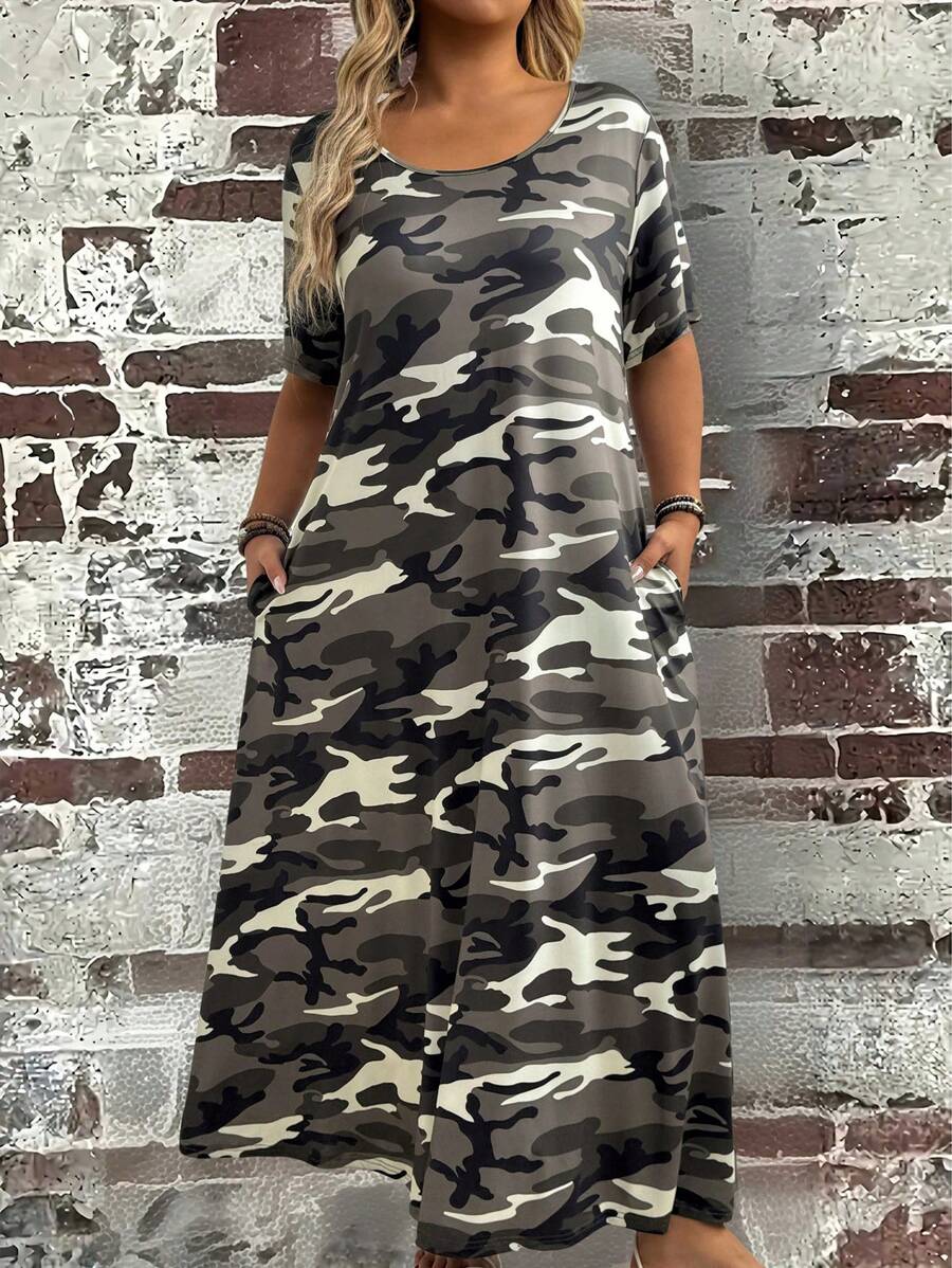EMERY ROSE Robe décontracté à manches courtes à encolure ronde avec poche, imprimé camouflage, grande taille, pour femmes, en été