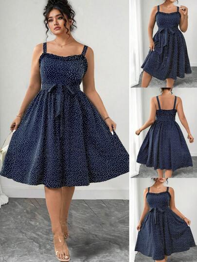 Elenzga 大码荷叶边下摆波尔卡圆点束腰连衣裙，适合夏季