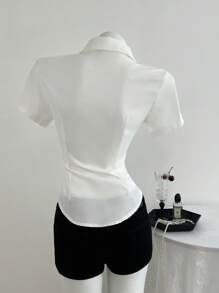 Elamini 正面刺绣收腰短袖女式衬衫 - 白色 - 查看 2