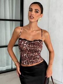 Lavishia Women's Summer Leopard Print Contrast Lace Slim Fit Camisole Top , Summer Clothes - Black - View 3