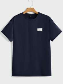 Manfinity BRENVOR Men Spring/Summer Casual Plain Patched Detail Short Sleeve T-Shirt And Long Pants 2pcs Set, Cozy Outfits - Navy Blue - View 3