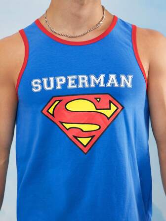 SUPERMAN X SHEIN Canotta casual da uomo con grafica di logo e lettere, per il look da strada estivo