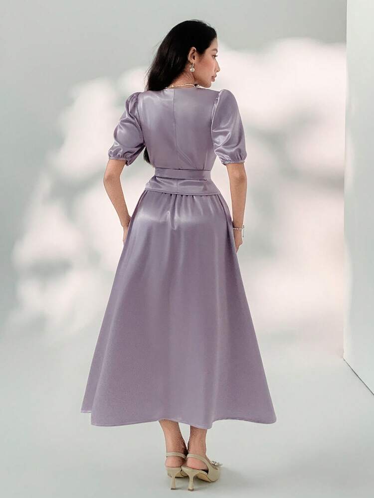 2-Piece Set: Solid Color V-Neck Puff Sleeve Tie Blouse & Skirt For Women