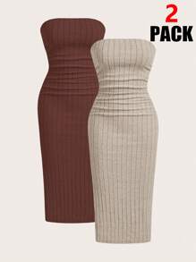 SHEIN EZwear 2件套女士褶饰纹理短款吊带连衣裙套装 - 彩色 - 查看 5