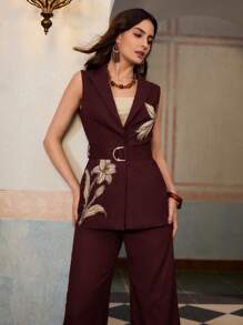 ZEYLAH Business Style Embroidered Linen Loose Fit Dual Breasted Suit Vest - Burgundy - View 5