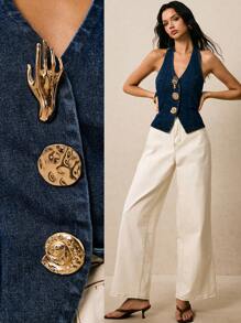 Poéselle 女式纯色露背纽扣无袖牛仔上衣 - 深色水洗藍 - 查看 1