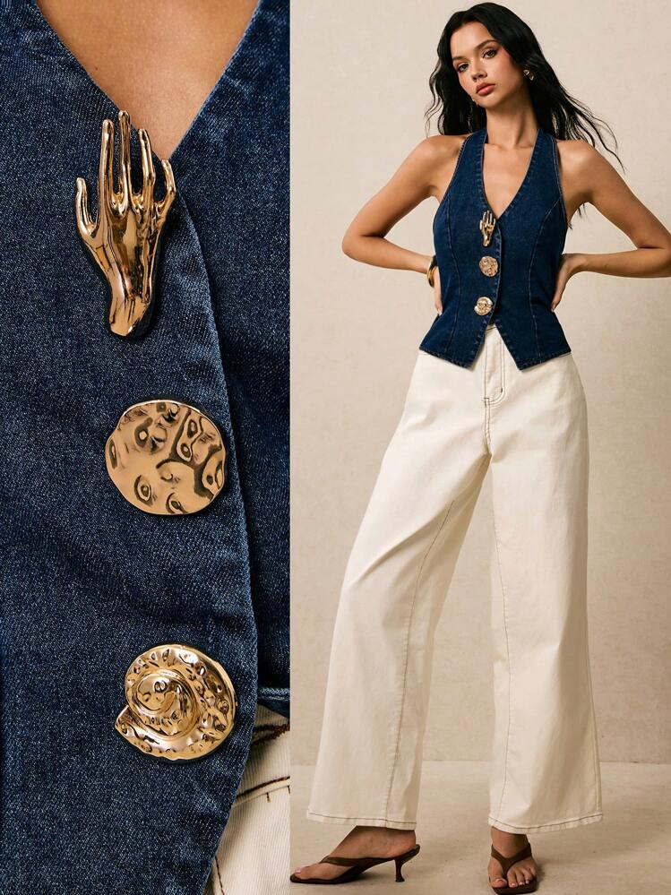 Poéselle Chic Halter Neck Denim Vest Top – Fitted Button Down Jean Waistcoat For Women,Denim Vest Top, Halter Neck Denim, Jean Waistcoat Women, Button Down Denim Top, Y2k Denim Top, Fitted Denim Vest,Sleeveless Denim Top, Old Money, Business Casual Woman - Dark Wash - View 1