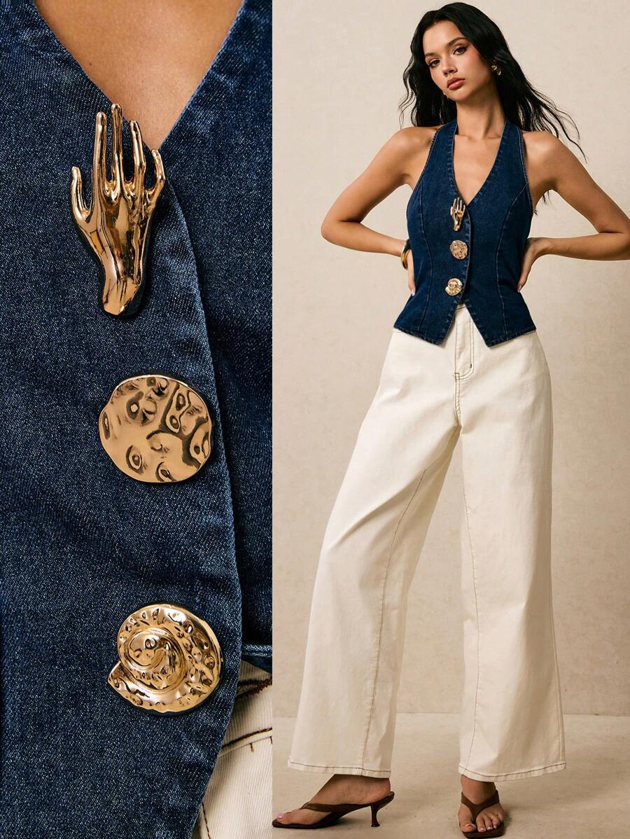 Poéselle 女式纯色露背纽扣无袖牛仔上衣 - 深色水洗藍 - 查看 1