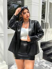 SHEIN EZwear Jaqueta de couro PU plus size fashion para uso diário, cor sólida, outono/inverno - Preto - Ver 5