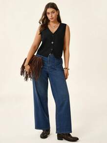 SHEIN LUNE Blusa senza maniche casual estiva di colore solido per donne taglia curvy, adatta per insegnanti, multi-occasione, primavera e autunno, per ufficio e scuola - nero - Visualizzare 4