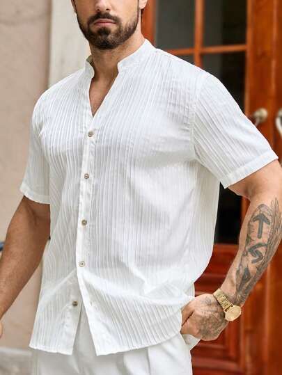 Manfinity VCAY SS25 Bestseller! Men's Summer New White Textured Shirt, Band Collar Design, Lightweight Breathable, Smart Resort Style, Fashion Commute Essential! Men's Slim Fit Casual/Commuting Simple Short Sleeve Shirt, Men's Shirt, Short Sleeve Shirt Men, White Shirt Men, Textured Shirt Men, Band Collar Shirt Men, Stand Collar Shirt, Summer Lightweight Shirt, Breathable Shirt Men, Designer Shirt Men, 2025 New Men's Shirt , SS25 Smart Casual Shirt, Minimalist Premium Shirt, Solid Color Shirt, Resort Style Shirt Men, Loose Fit Men's Solid Half Button Short Sleeve Casual White Shirt