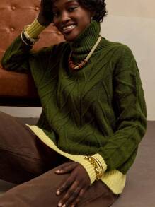 Bóhologie Casual French Turtle Neck Brushed Yarn Color Block Stripe Oversize Fit Cozy Sweater For Autumn Daily Chic Brunch Dark Green - Army Green - View 2