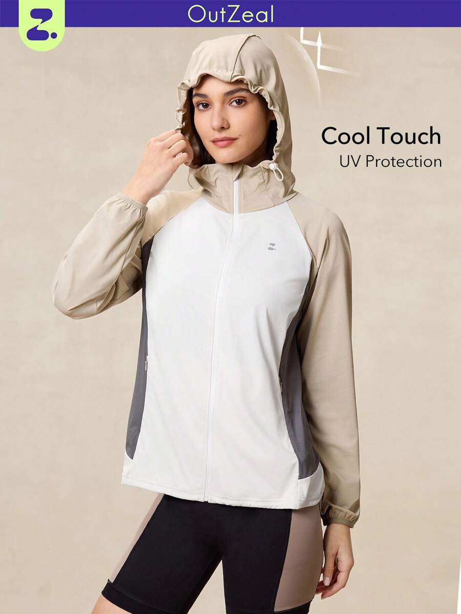 OutZeal Kühlende farbblockierende Sonnenscutzjacke mit Kordelzug-Saum, sonnengeschützt, Alltagsjacke für den täglichen Lässig-Einsatz - Weiss - Übersicht 1