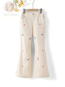 青少年女孩休闲喇叭牛仔裤，带有彩色心形刺绣装饰，时尚舒适，适合所有季节、度假、夏季、旅行 - 米色 - 查看 3
