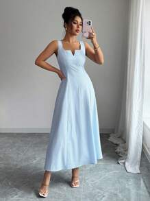 Elenzga 女士条纹方领无袖长裙 - 藍白色 - 查看 7