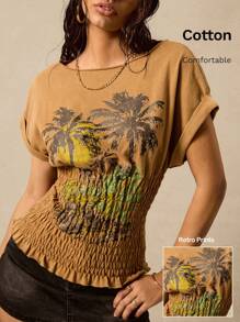 Easelle Holiday Coconut Tree Print T-Shirt, Distressed Vintage Style, 2025 Summer - Ginger - View 3
