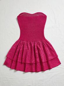 SHEIN Unity Navy Blue Vacation Style Ruched Sleeveless Halter Sexy Cinched Waist Hollow Embroidery Ruched Hem Elegant Dress - Hot Pink - View 2