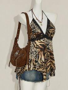 SHEIN ICON Áo ba lỗ lưới chắp vá họa tiết động vật bất đối xứng hở lưng cho nữ - Nhiều màu - Xem 5