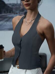 INAWLY Women's Solid Color Halter Tank Tops, Summer - Grey - View 5