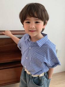 DAZY 小男孩格子短袖单排扣口袋休闲衬衫，夏季 - 藍色 - 查看 7