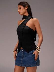 Forever 21 Áo hở lưng cổ yếm cài nút phía trước màu trơn cho nữ, mùa hè - màu đen - Xem 5