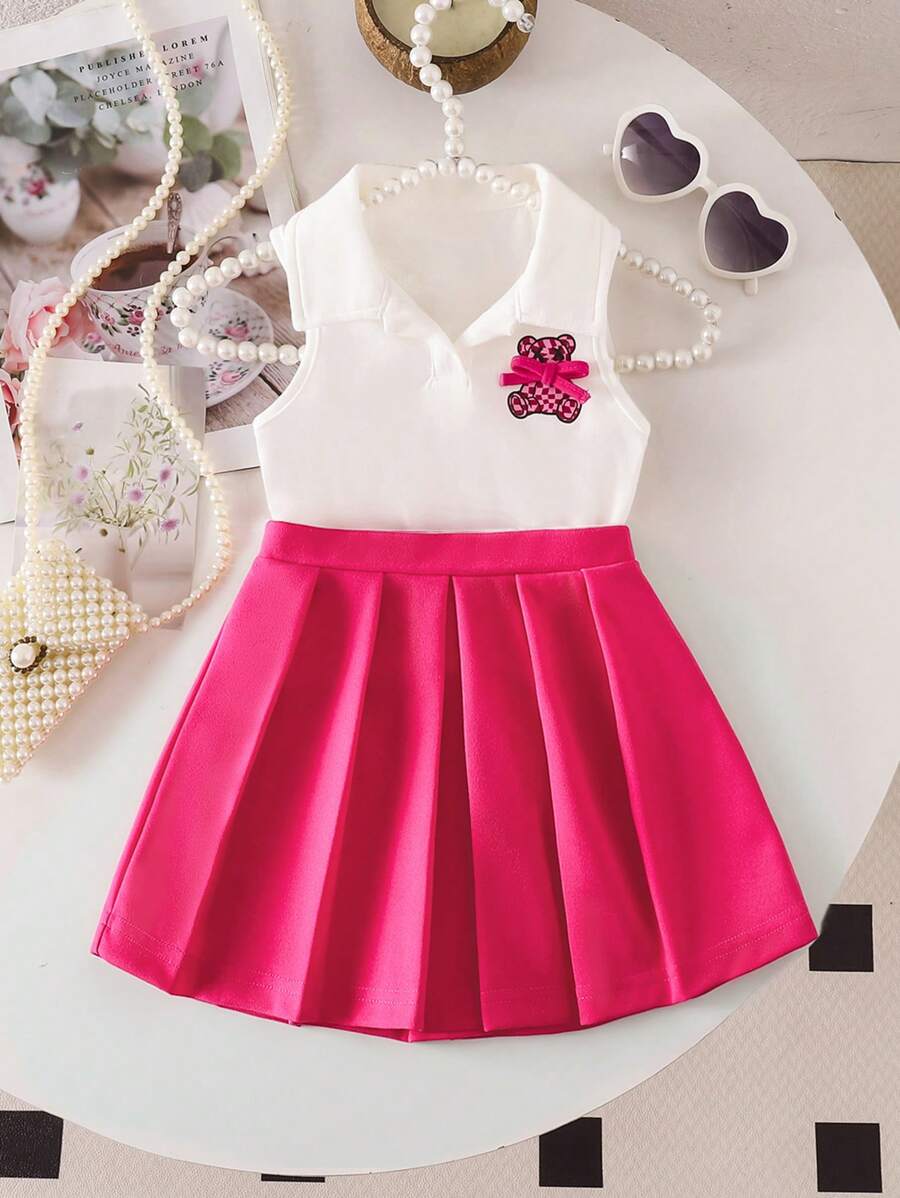 SHEIN Baby Girl Cute Cartoon Print Knitted Sleeveless Top And Elastic Waist Pleated Skirt Set, Summer