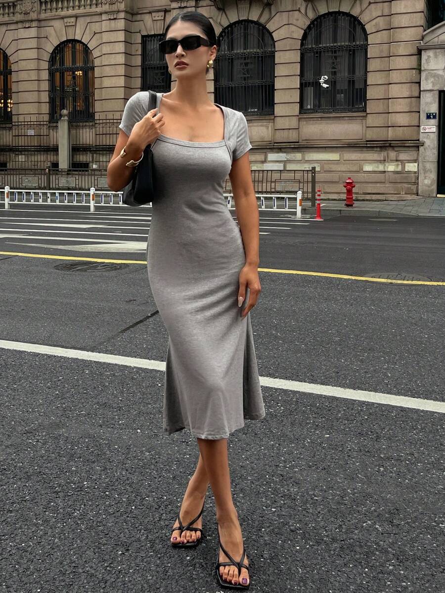 DAZY Vestido de cola de pez de longitud media con cuello cuadrado envuelto de unicolor para mujer - Gris - Ver 1