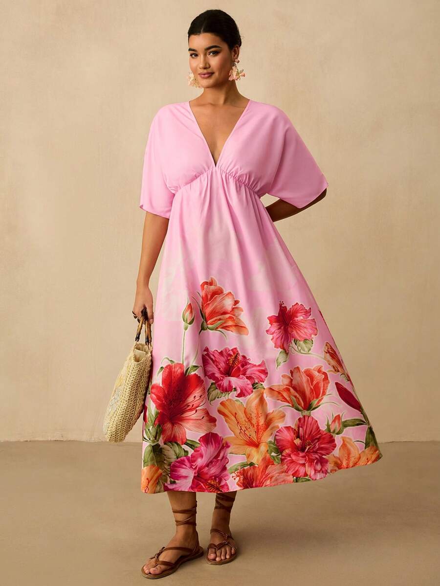 Travachic Große Größen Damen sexy V-Ausschnitt taillierte tropische Blumen Muster Maxikleid, lässiges Urlaubsparty Maxikleid