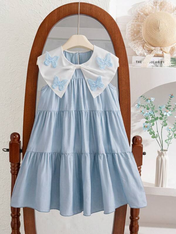 Souflis Souflis Young Girls Round Neck Peter Pan Collar Butterfly Decor Ruffle Hem Casual Loose Dress Girls Light Blue Dress Butterfly Dress Blue Tiered Dress Girls Butterfly Dress Girls Summer Dress  Girls Light Blue Butterfly Dress Back To School Clothes