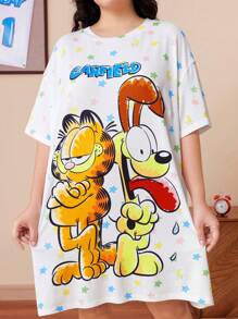 GARFIELD | SHEIN Plus Size Letter & Cartoon Print Okrągły Dekolt Krótki Rękaw Koszula Nocna