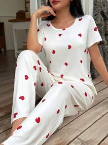 SHEIN Ensemble pyjama femme t-shirt à manches courtes imprimé cœur et short