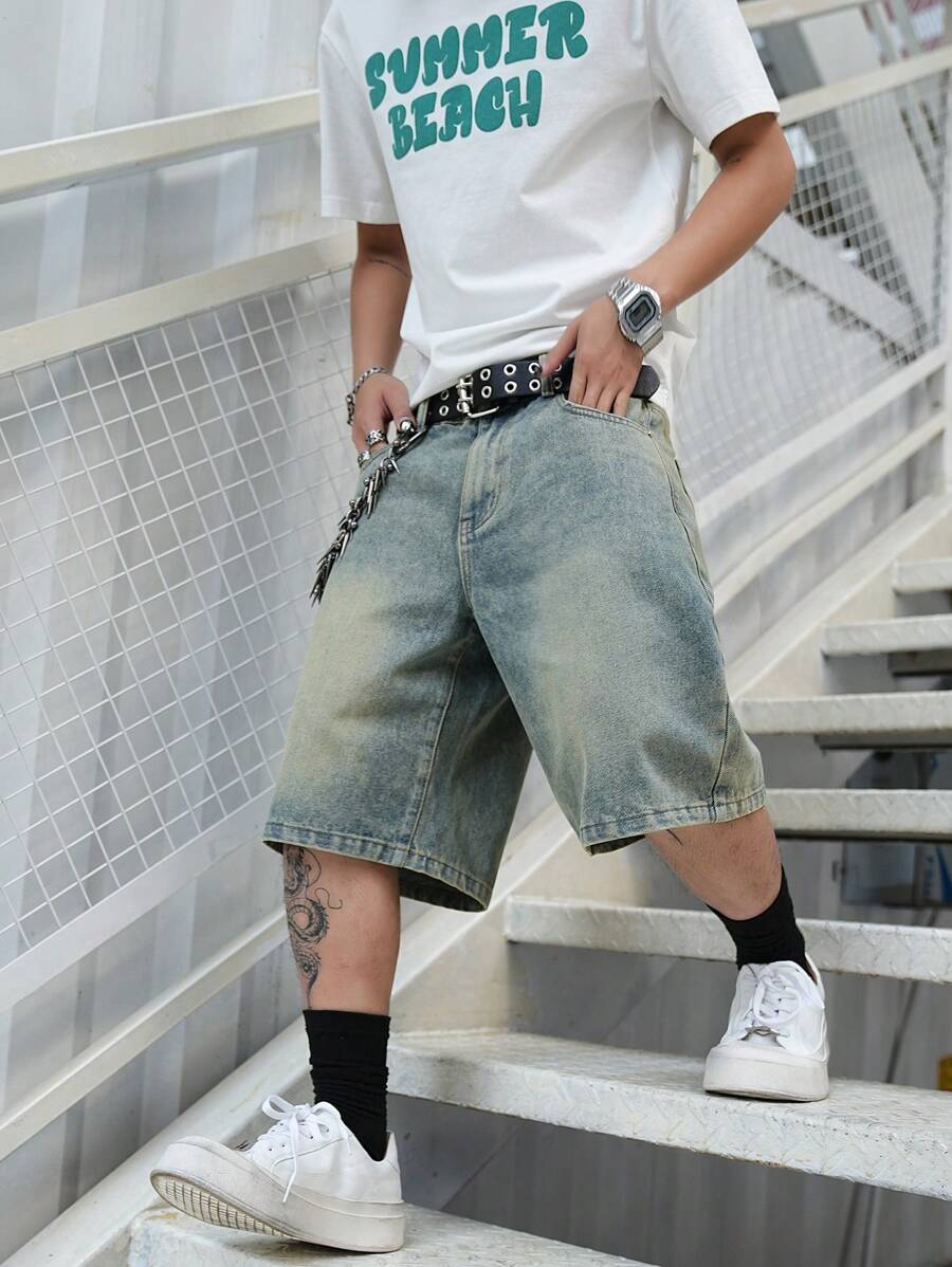 Manfinity EMRG 男士休闲水洗阔腿牛仔短裤