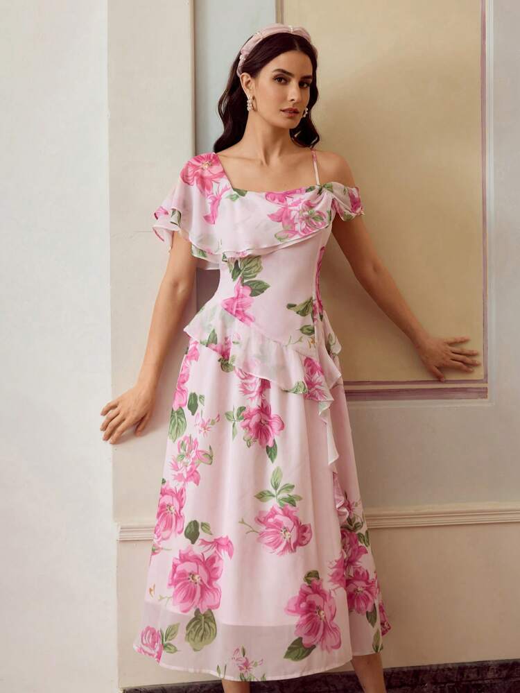 ZEYLAH Women's Floral Print Patchwork Ruffle Asymmetric Collar Mid-Length Dress