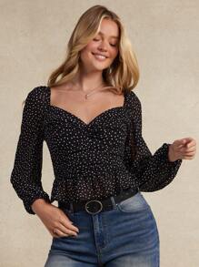 WESTFADE Polka Dot Woven Sweetheart Neck Balloon Long Sleeve Peplum Top Fall, Autumn, Winter, Casual, Cute, Western Wear, Boho, Holiday NYE, Christmas, New Years - Black - View 4