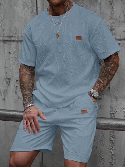 Manfinity CasualCool Men's Casual Letter Embossed T-Shirt And Shorts Set, Summer Men Two Piece Set Summer Men Summer Sweatsuit Casual Two Piece Set Men Men 2 Piece Set Patched Baby Blue Men Set.A Great Gift For A Boyfriend Or Husband.