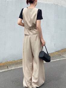 FRIFUL Women's Fitted Sleeveless Vest And Wide Leg Pants With Long Belt 2 Pieces Set, Summer Lounge Sets For Women - Apricot - View 4