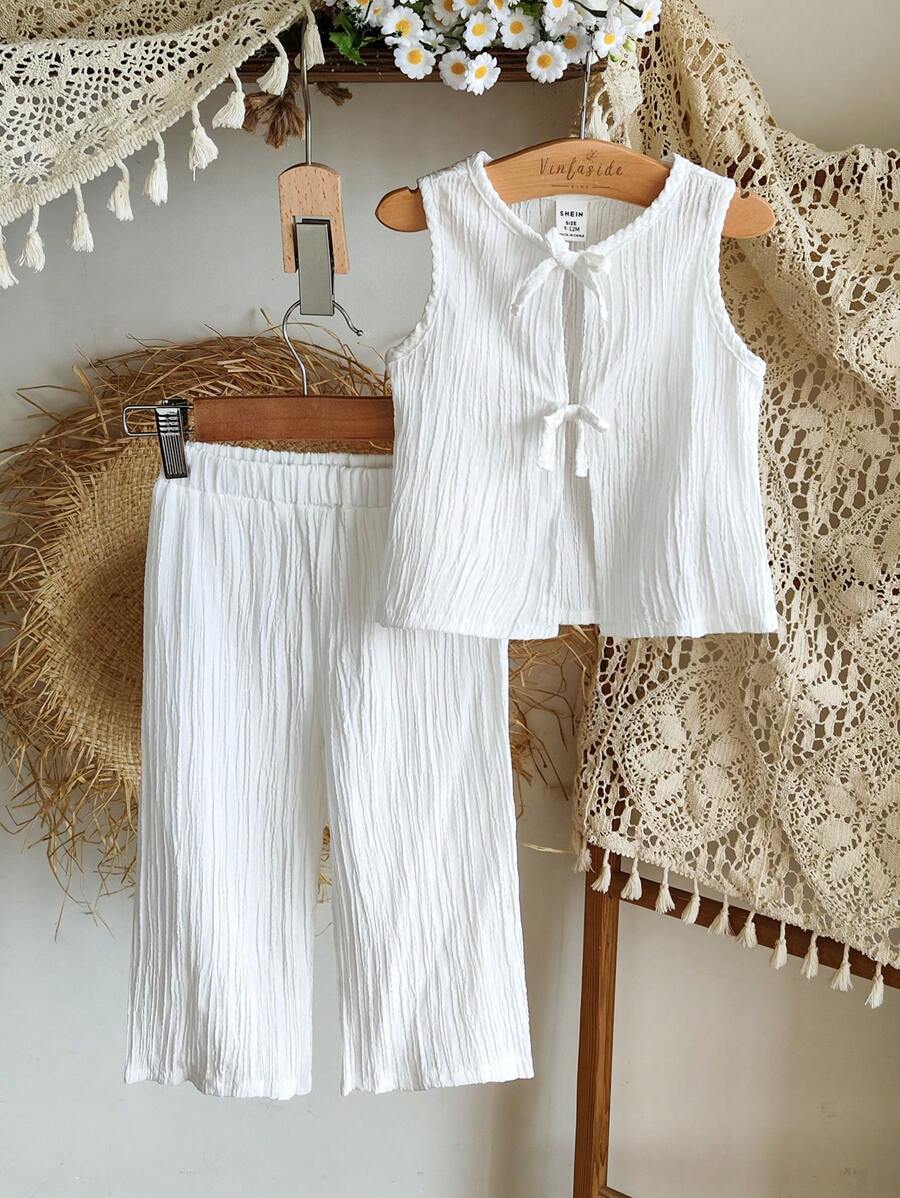 SHEIN Vintaside Kids 两件套女婴休闲时尚纹理面料蝴蝶结无袖上衣和裤子套装，适合春夏季日常穿着